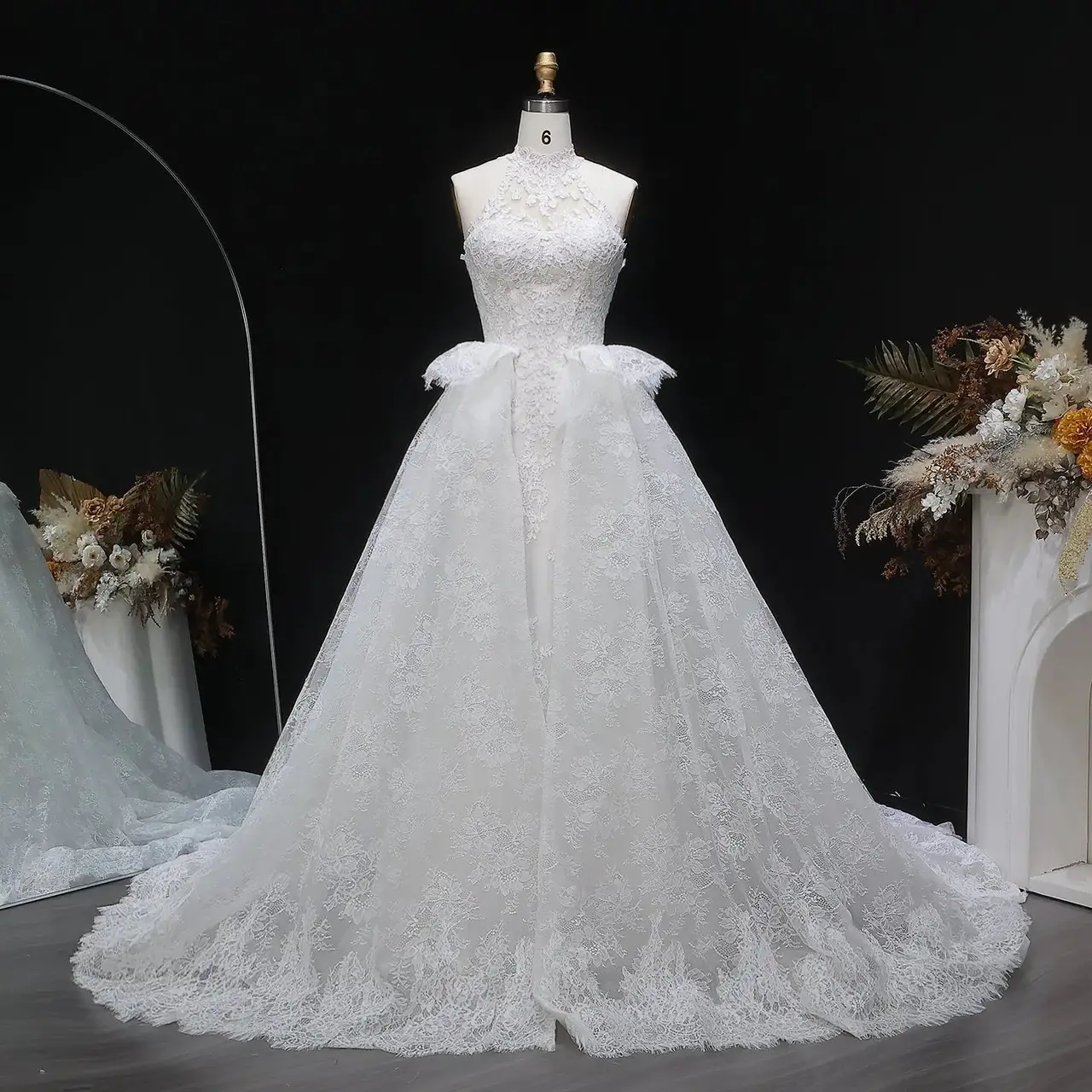 A-Line with Lace Embroidery and Overskirt — SW651 Ivory wedding dress, full-length front view