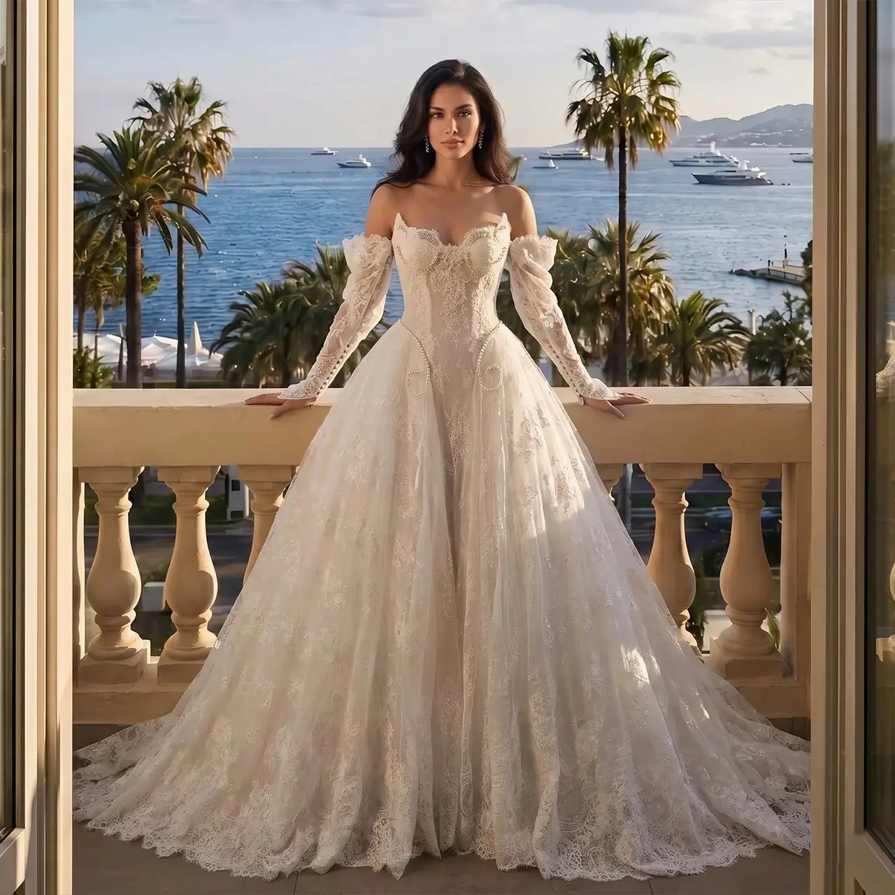 Ball Gown Beaded With Veil — SW715 Ivory wedding dress, full-length front view