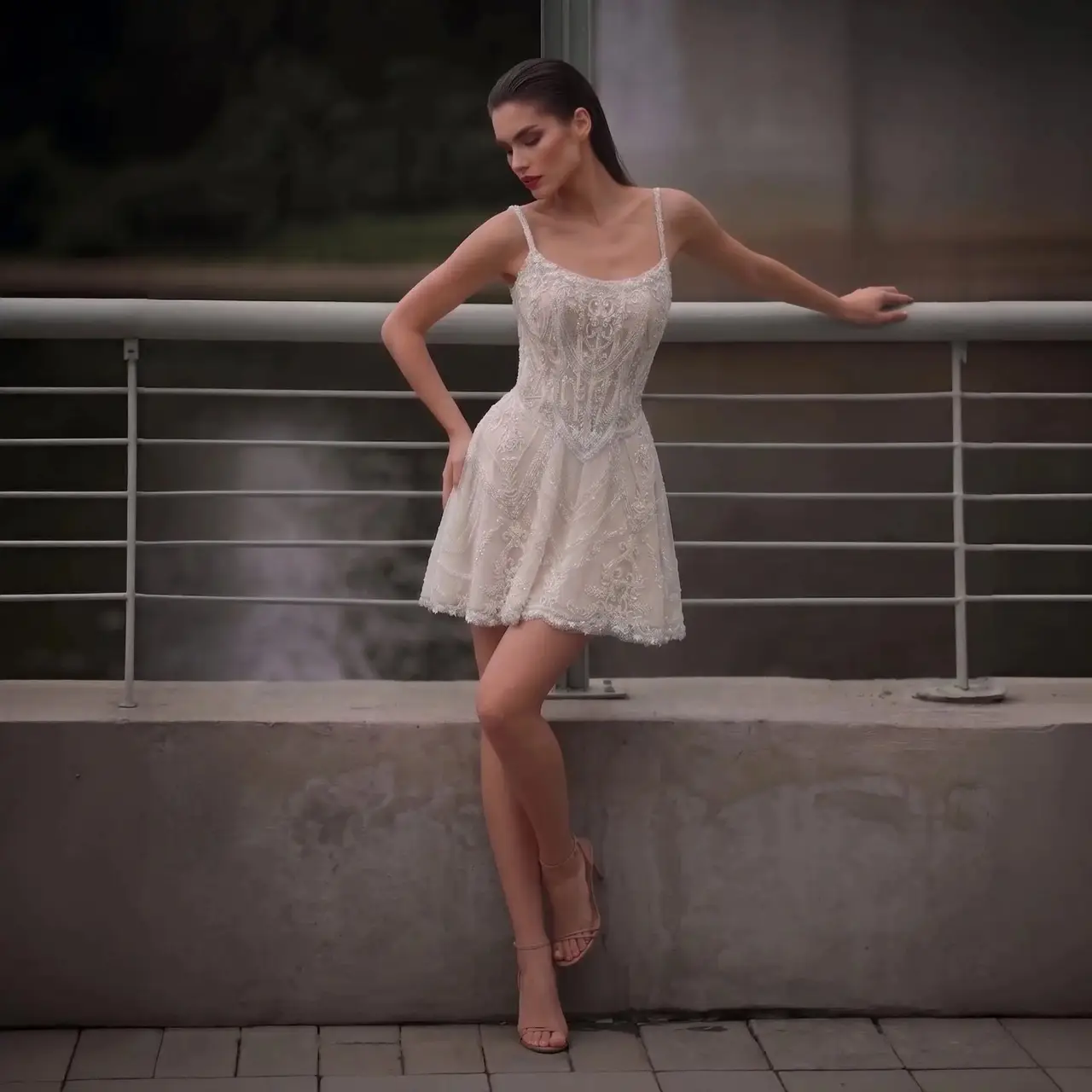 Beaded Lace Short with Lace-Up Corset Back — SW707 Ivory wedding dress, full-length front view