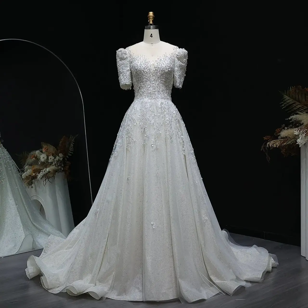 Beaded Puffy Lace Off Shoulder — SW038 Ivory wedding dress, full-length front view