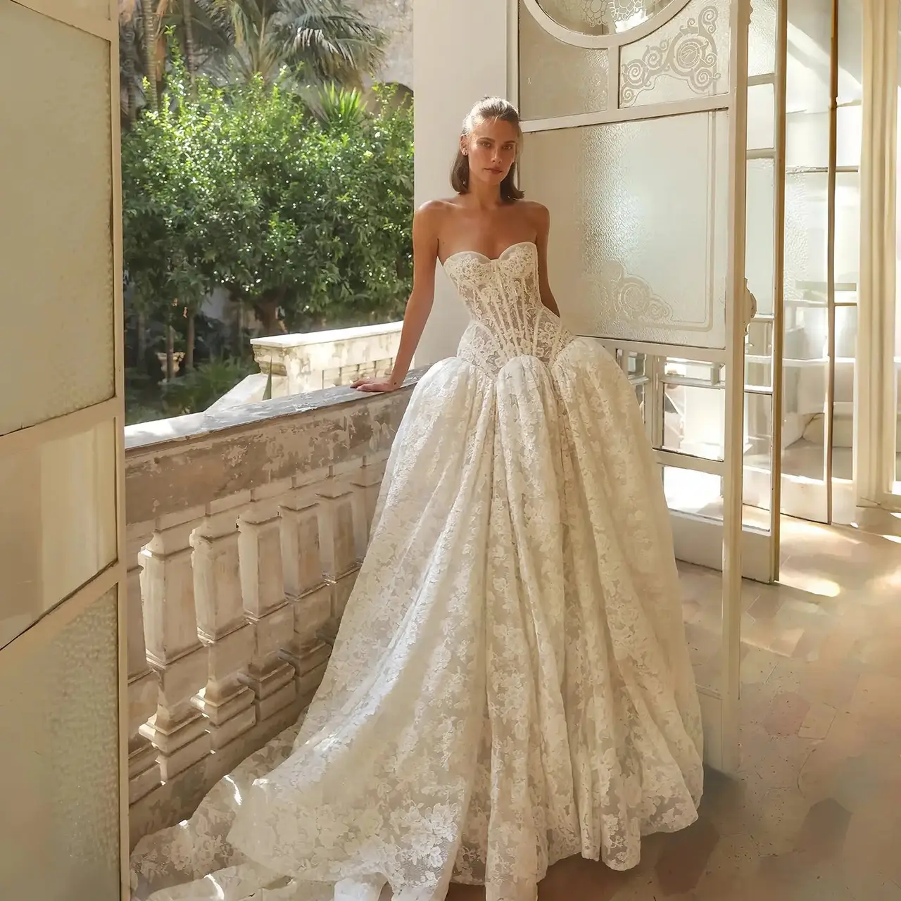 Bohemian Lace Strapless Ball Gown — SW193 Ivory wedding dress, full-length front view