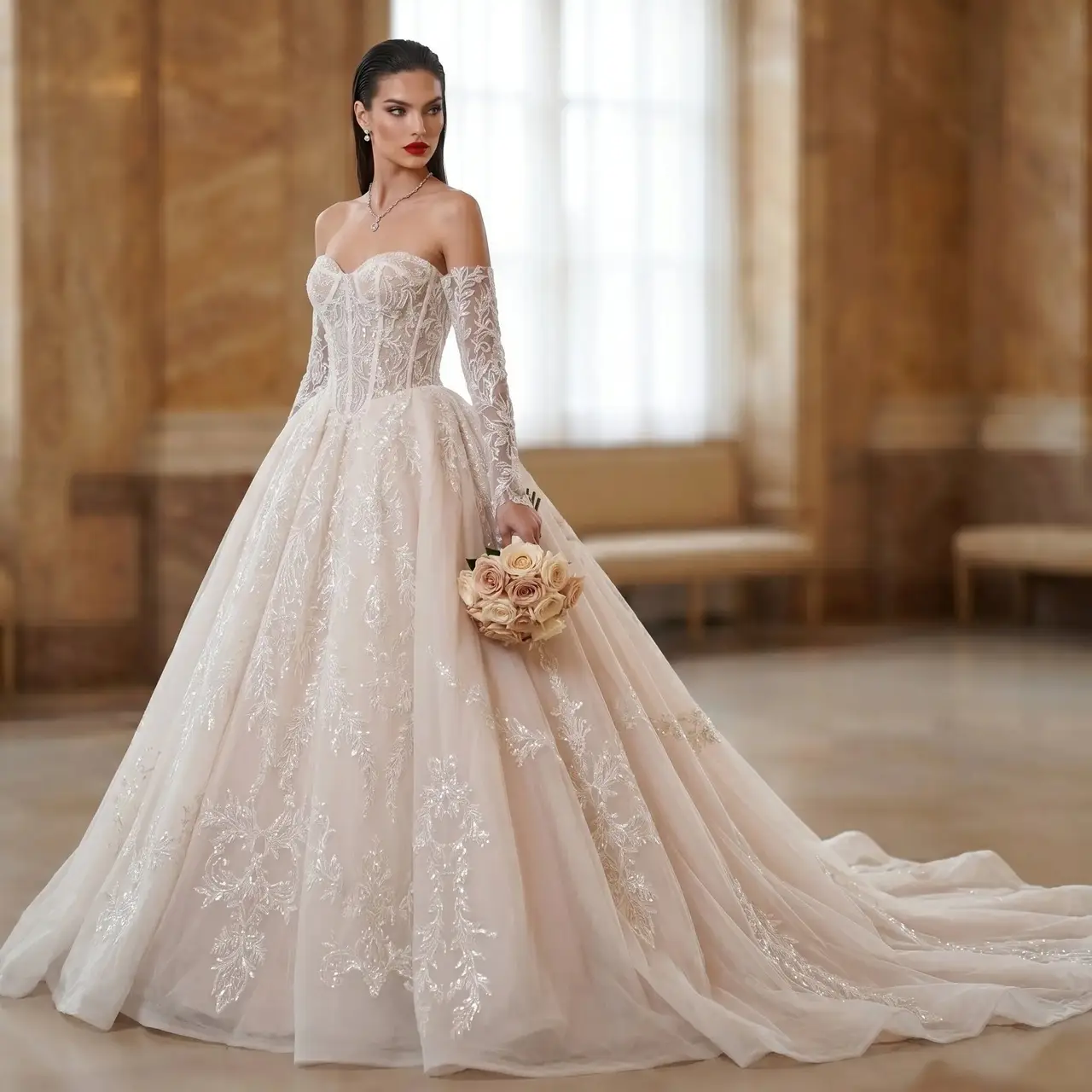 Strapless Corset Lace Tulle Bridal Gown with Long Detachable Sleeves — SW703 Ivory wedding dress, full-length front view