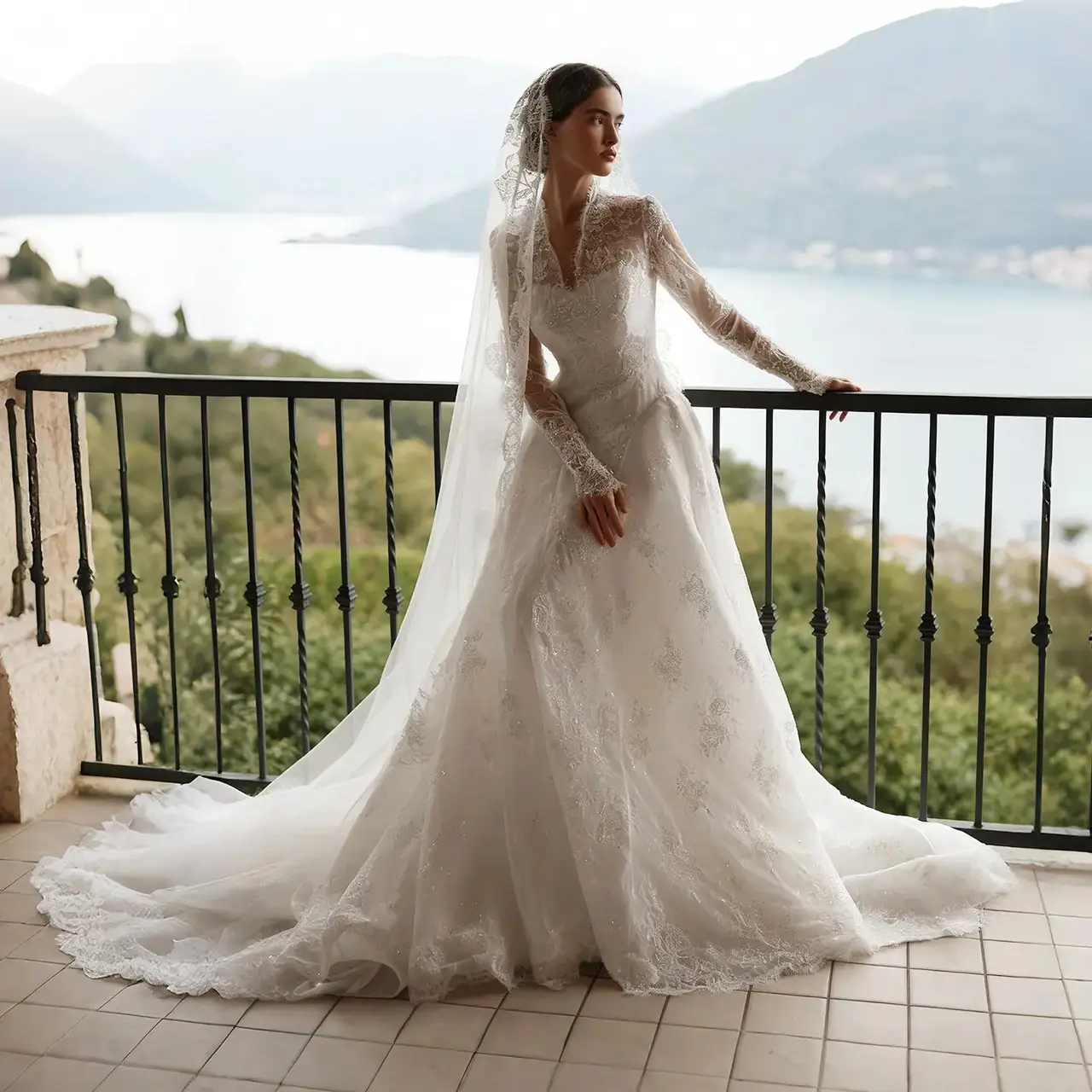 Timeless Lace V-Neck Long Sleeve with Cathedral Veil — SW278 Ivory wedding dress, full-length front view