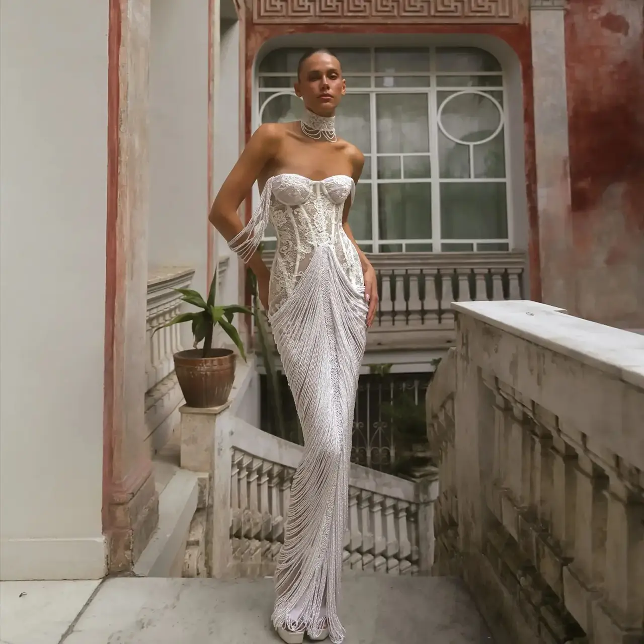 Sheer Lace Sweetheart Neck Fringe Mermaid with Choker — SW179 Ivory wedding dress, full-length front view