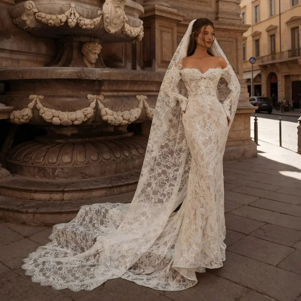 Bohemian Off-the-Shoulder Sheer Lace Mermaid with Veil — SW176 Ivory wedding dress, full-length front view