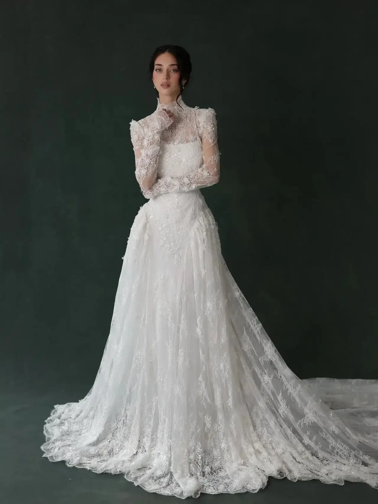 Classic Lace High Neck Long Sleeve A-Line with Veil — SW275 Ivory wedding dress, full-length front view