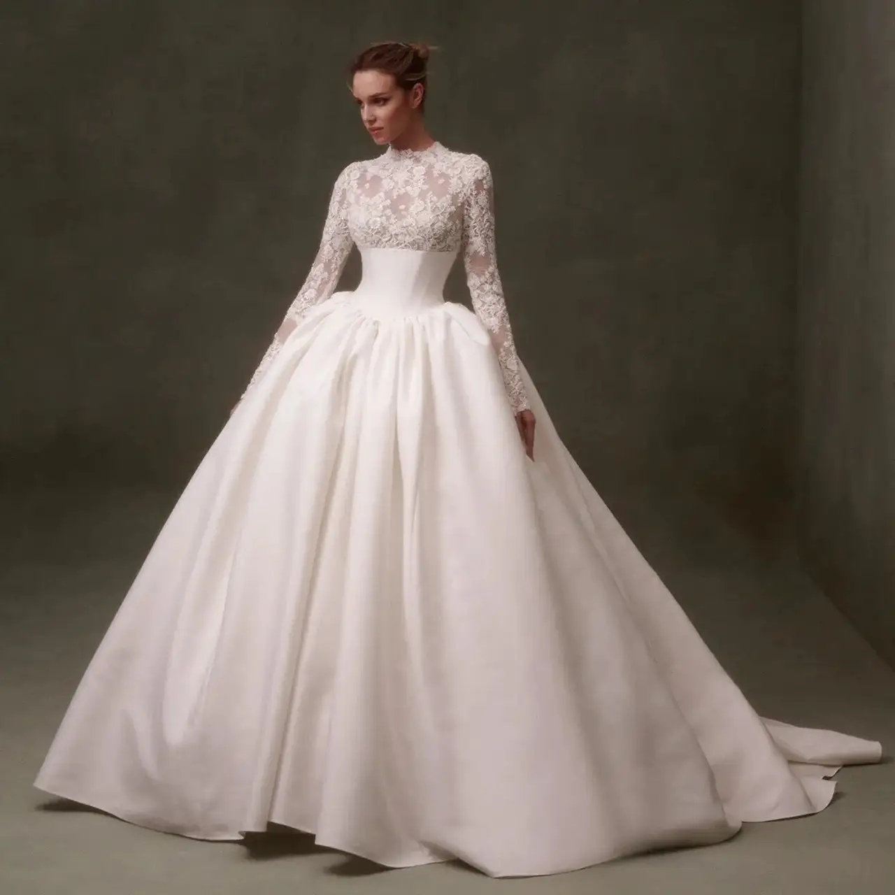 Classic Long Sleeve Lace Ball Gown — SW075 Ivory wedding dress, full-length front view