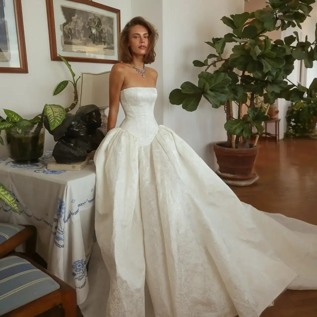 Classic Satin Strapless Ball Gown with Train — SW182 Ivory wedding dress, full-length front view