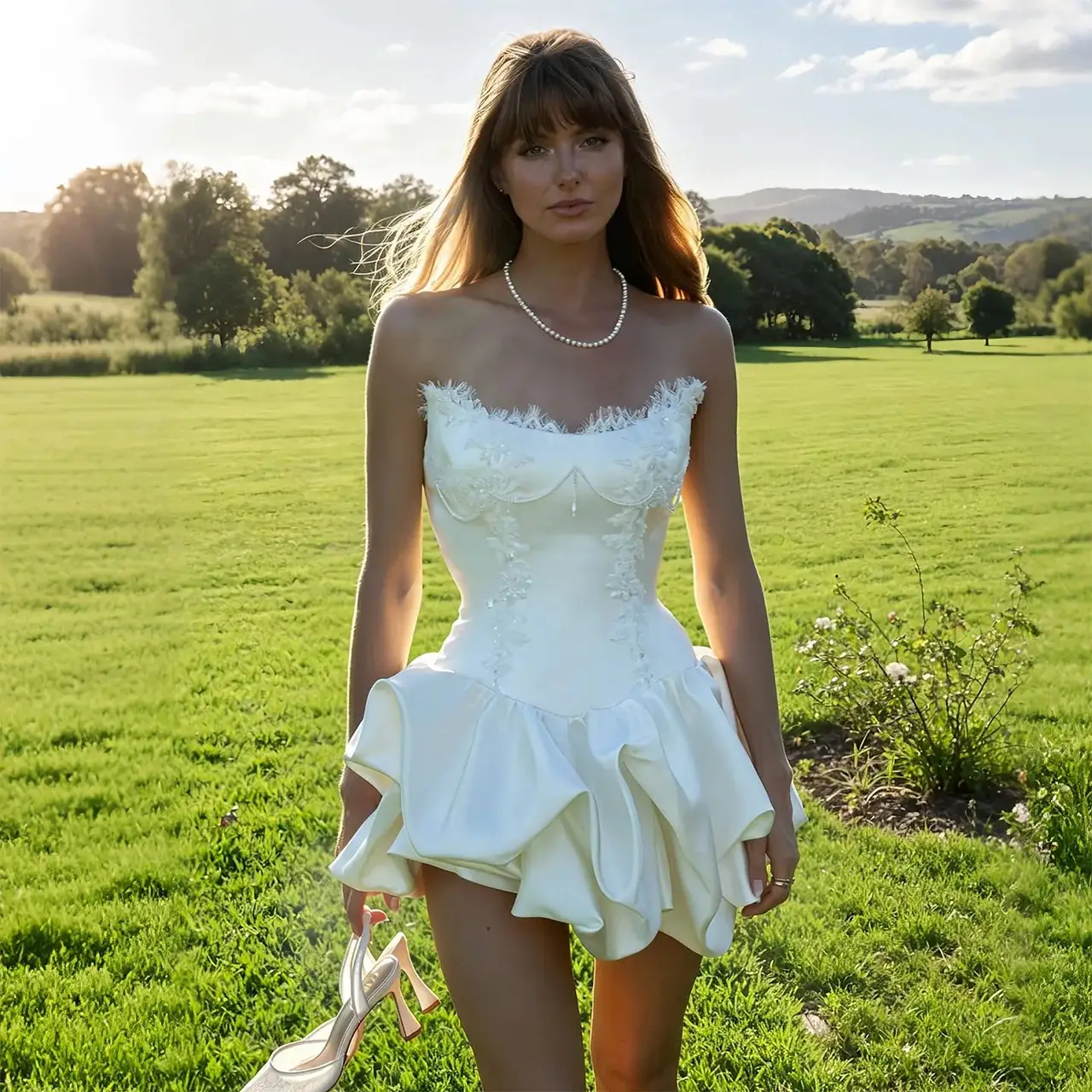 Delicate Lace Trim Sweetheart Flared Ruffle — SW726 Ivory wedding dress, full-length front view