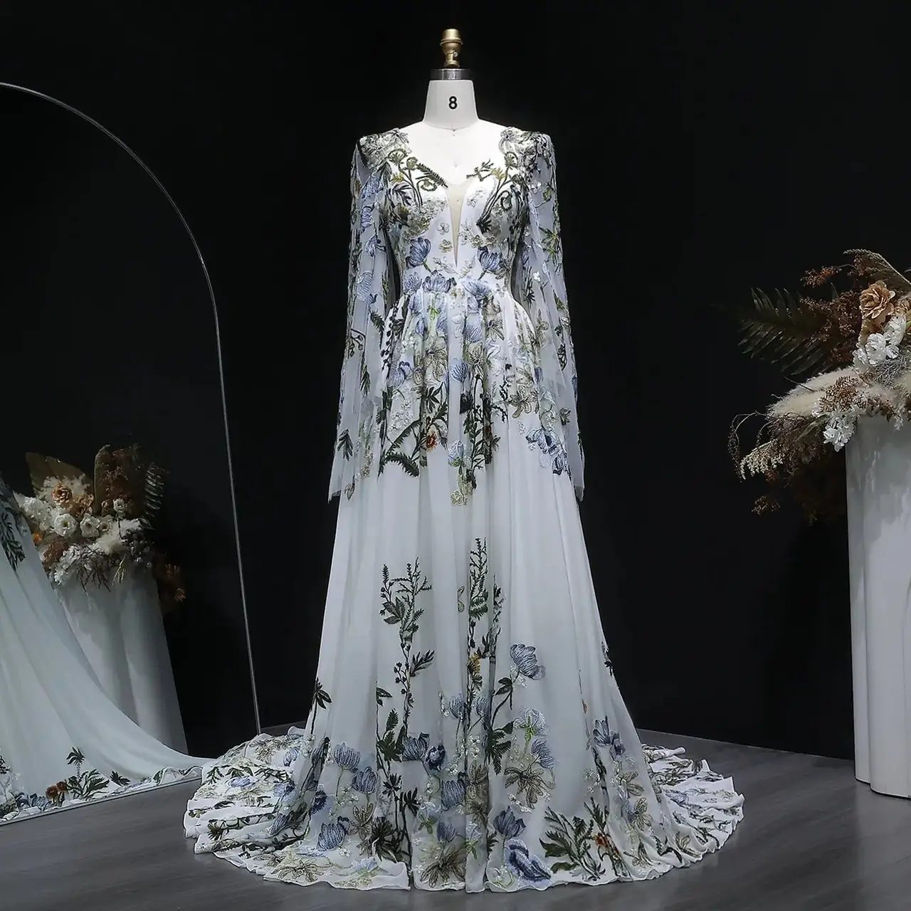 Embroidery Long Sleeve Boho Train — SW641 Ivory wedding dress, full-length front view