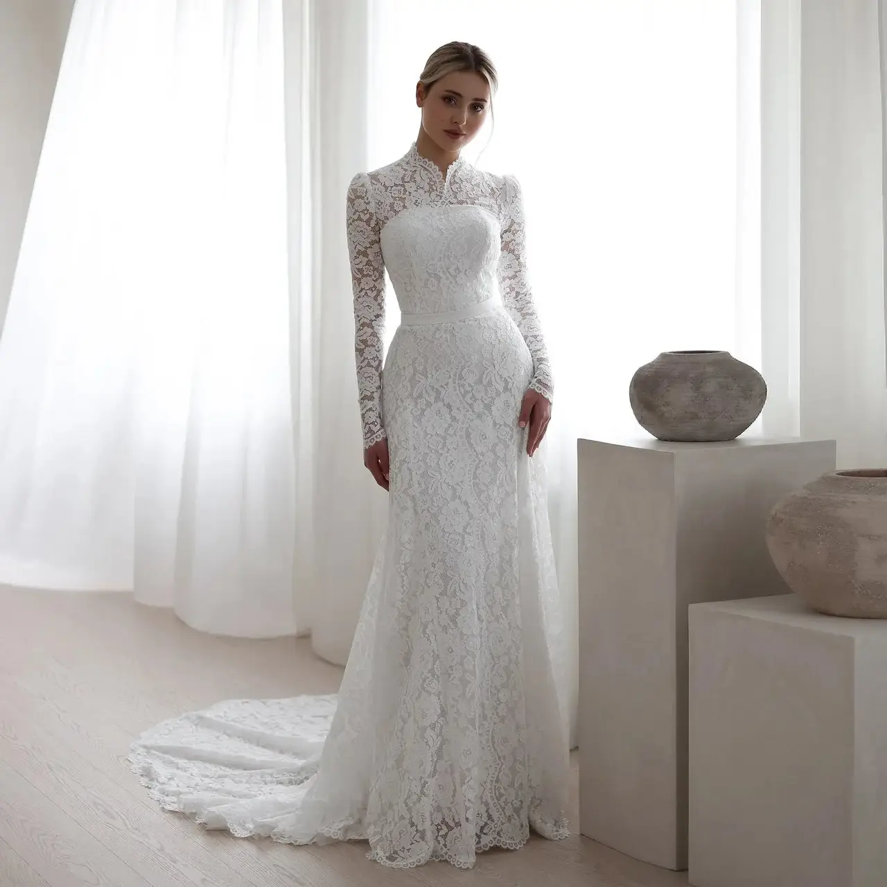 Floral Long Sleeve Mermaid — SW543 Ivory wedding dress, full-length front view