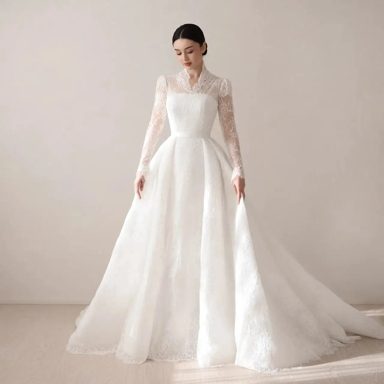 Full Lace Printed Ball Gown — SW540 Ivory wedding dress, full-length front view