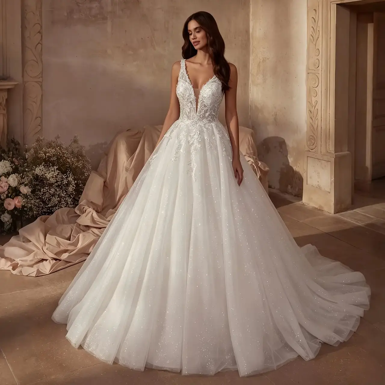 Glitter Tulle with Lace Bodice and Corset Back — SW710 Ivory wedding dress, full-length front view