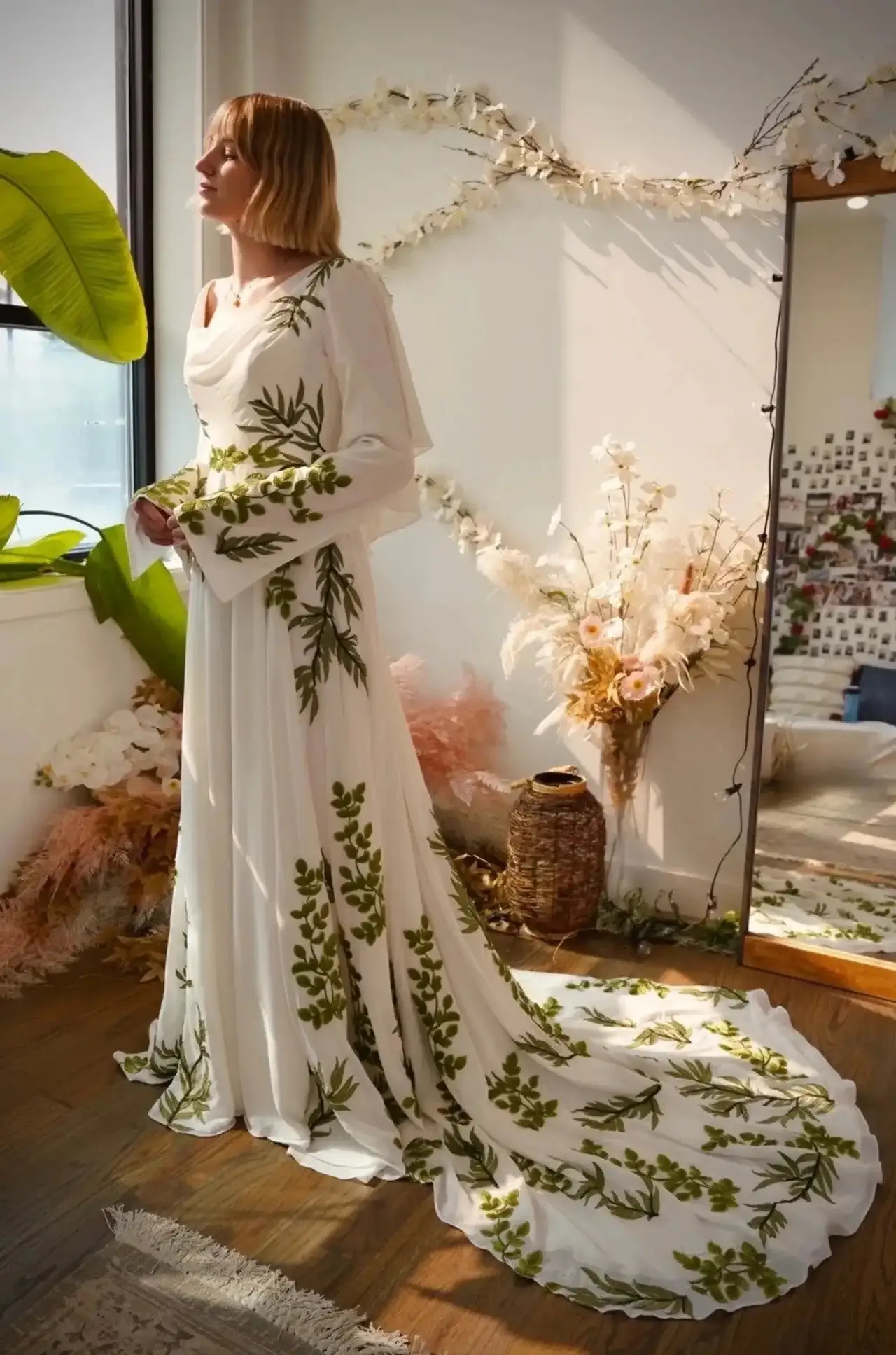 & Green Botanical Print Cape Boho Train — SW642 Ivory wedding dress, full-length front view