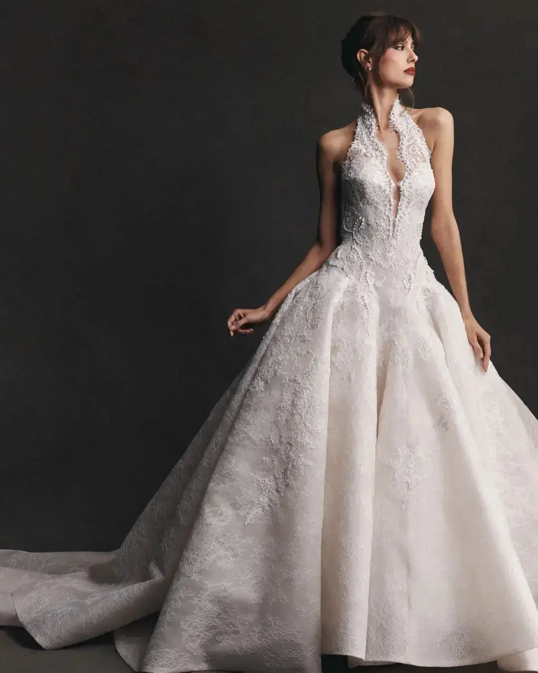Halter Neck Lace Deep V Ball Gown — SW596 Ivory wedding dress, full-length front view