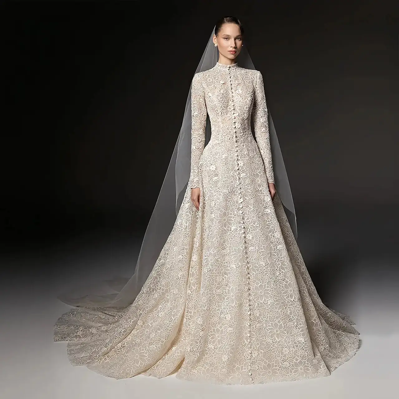 High Neck Long Sleeve Lace A-Line with Buttons — SW669 Champagne wedding dress, full-length front view
