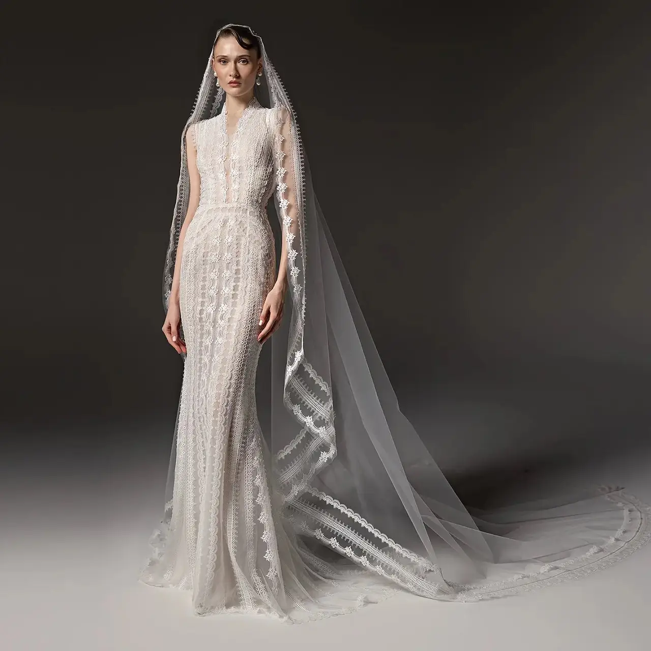 High Neck Sheer Lace Long Sleeves Mermaid with Veil — SW662 Ivory wedding dress, full-length front view