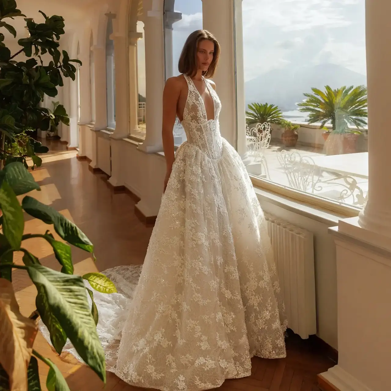 Lace Deep V-Neck Halter Ball Gown with Train — SW185 Ivory wedding dress, full-length front view