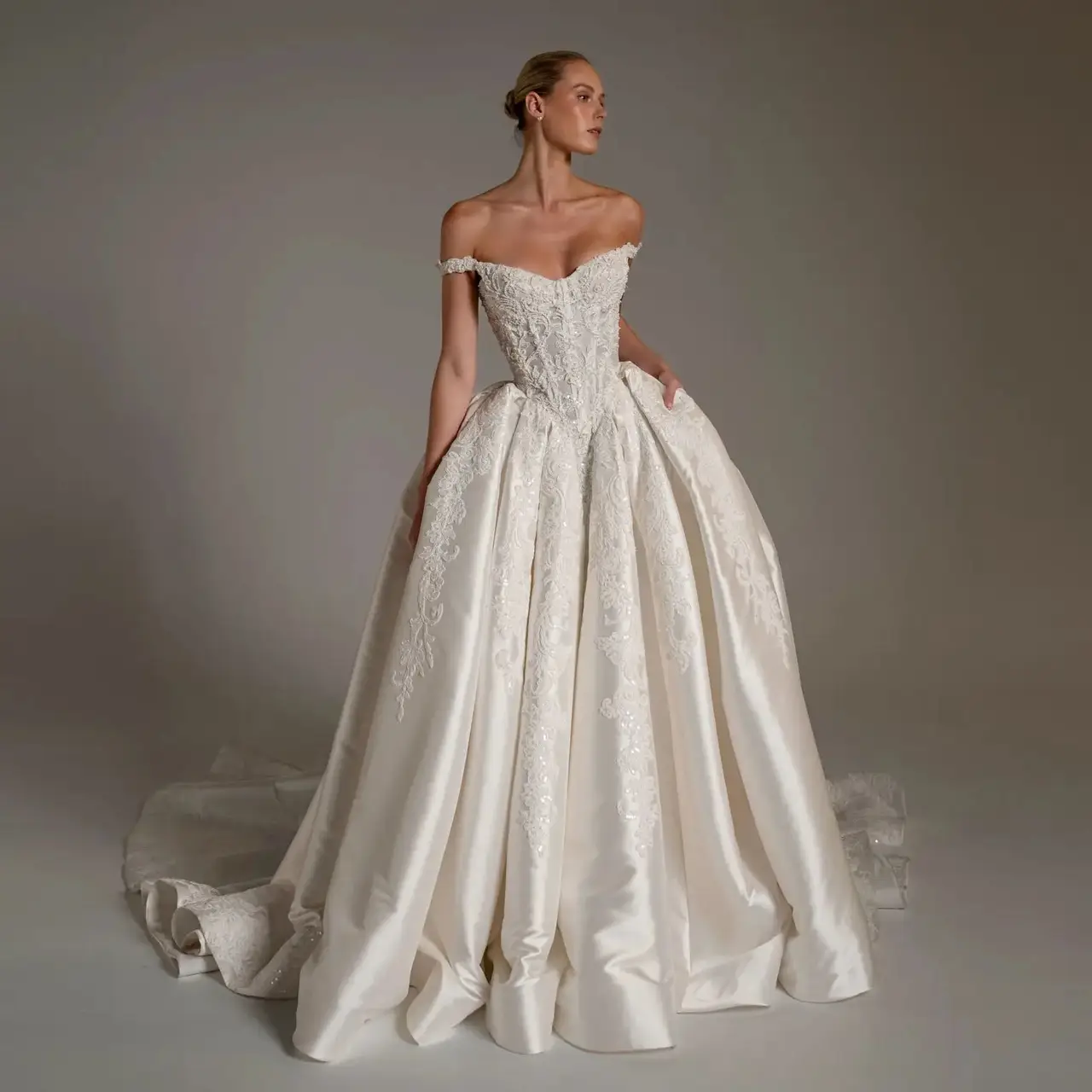 Lace Embroidery Satin Train — SW163 Ivory wedding dress, full-length front view
