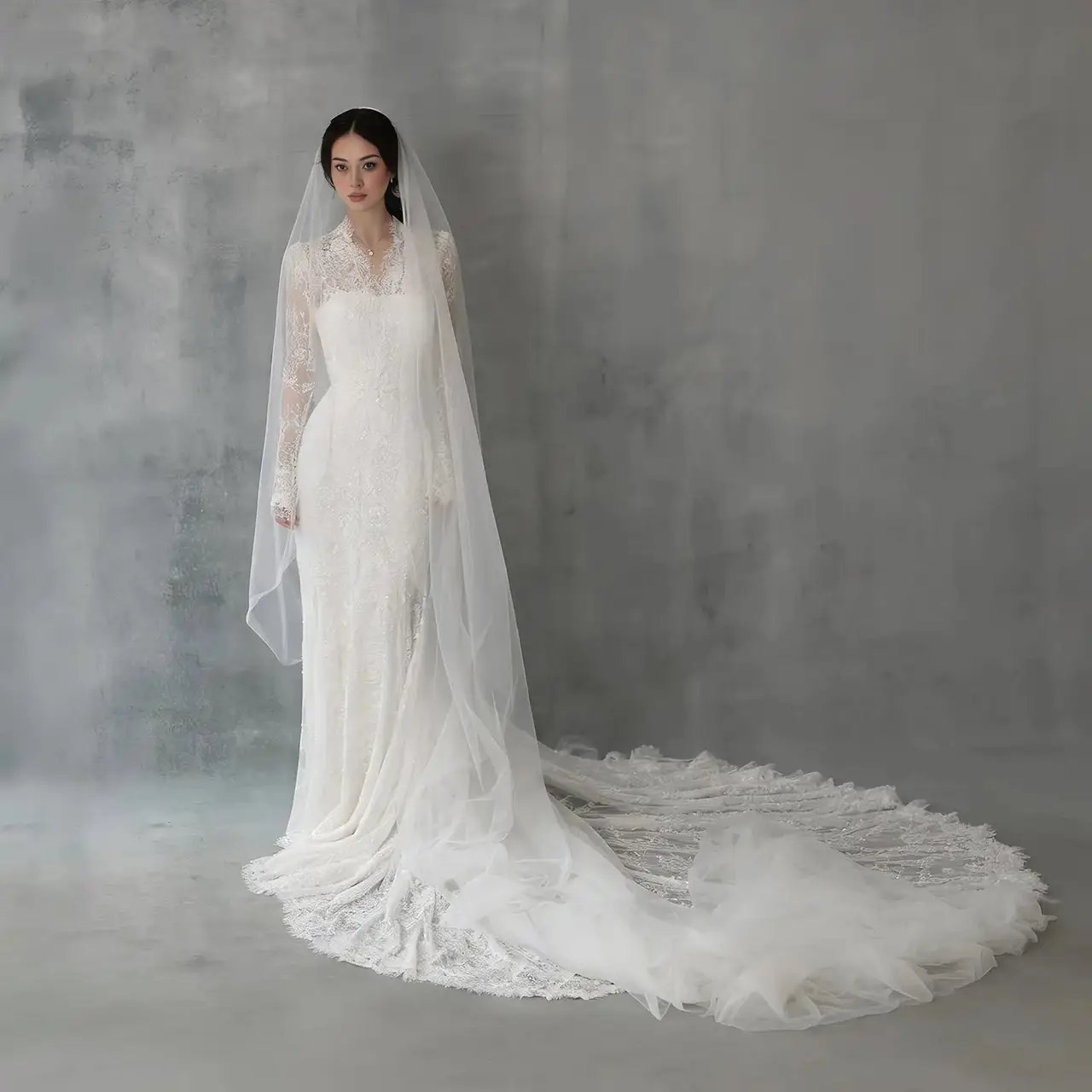 Lace High Neck Long Sleeve Train Mermaid with Veil — SW274 Ivory wedding dress, full-length front view