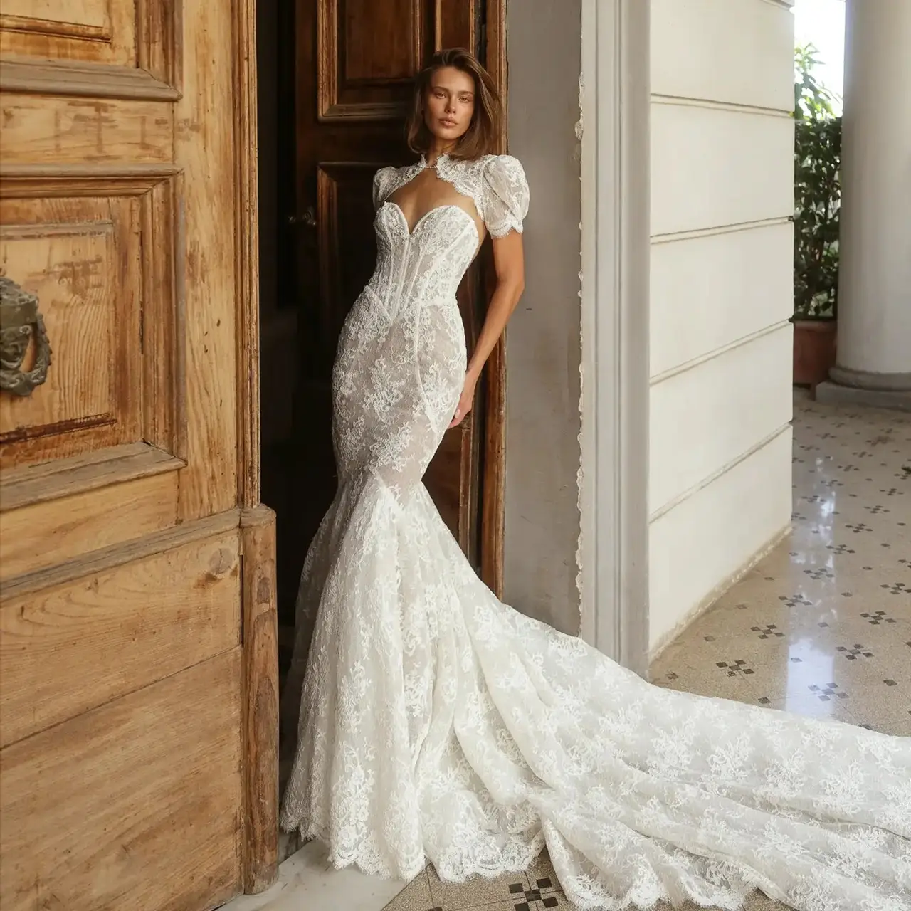 Lace High Neck Puff Sleeve Backless Mermaid — SW180 Ivory wedding dress, full-length front view