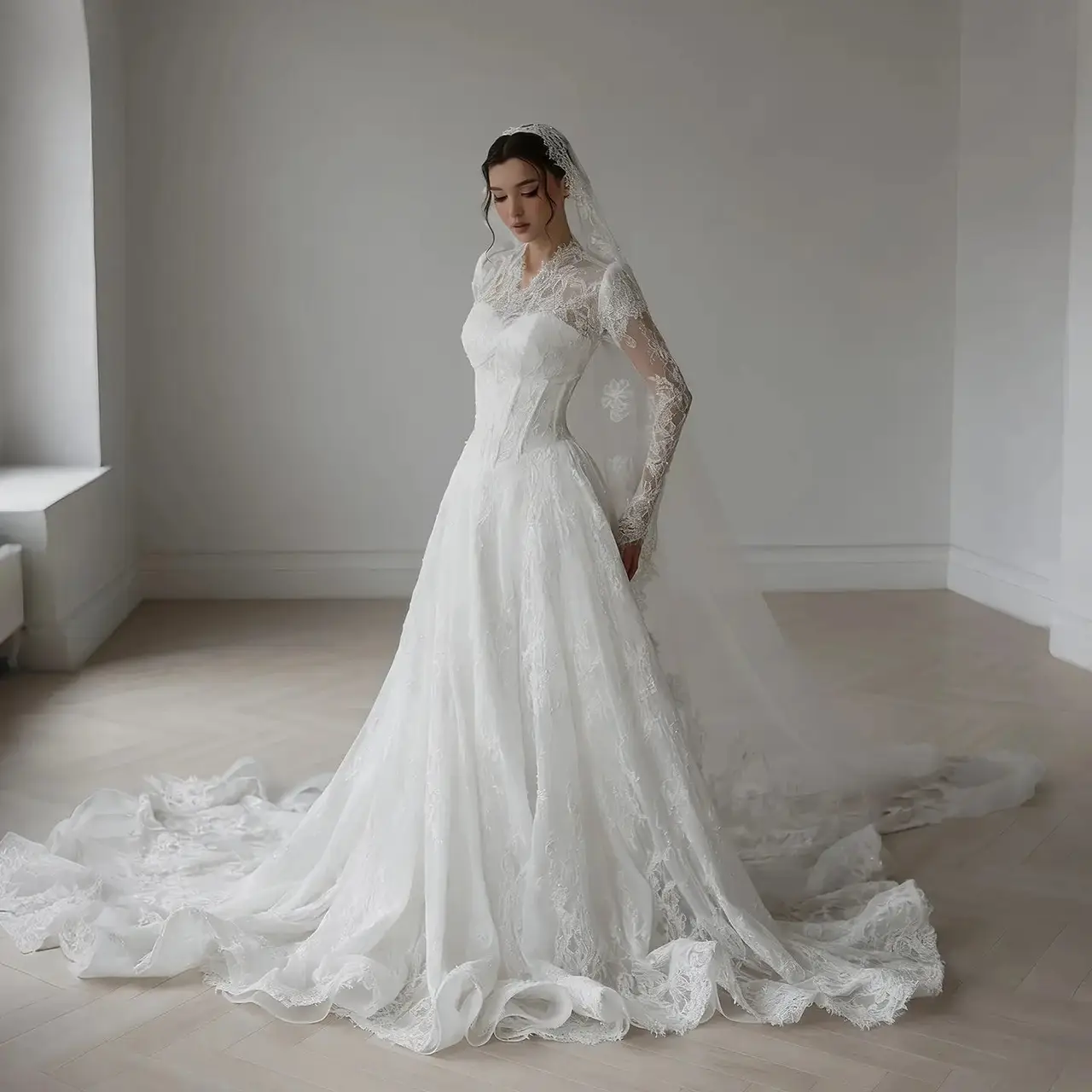 Lace Long Sleeve A-Line with Veil — SW273 Ivory wedding dress, full-length front view