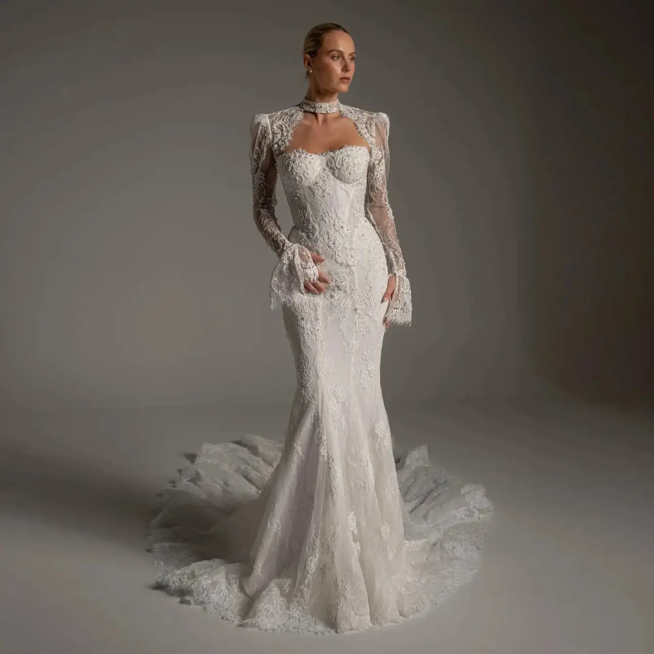 Lace Long Sleeve Mermaid Train — SW164 Ivory wedding dress, full-length front view