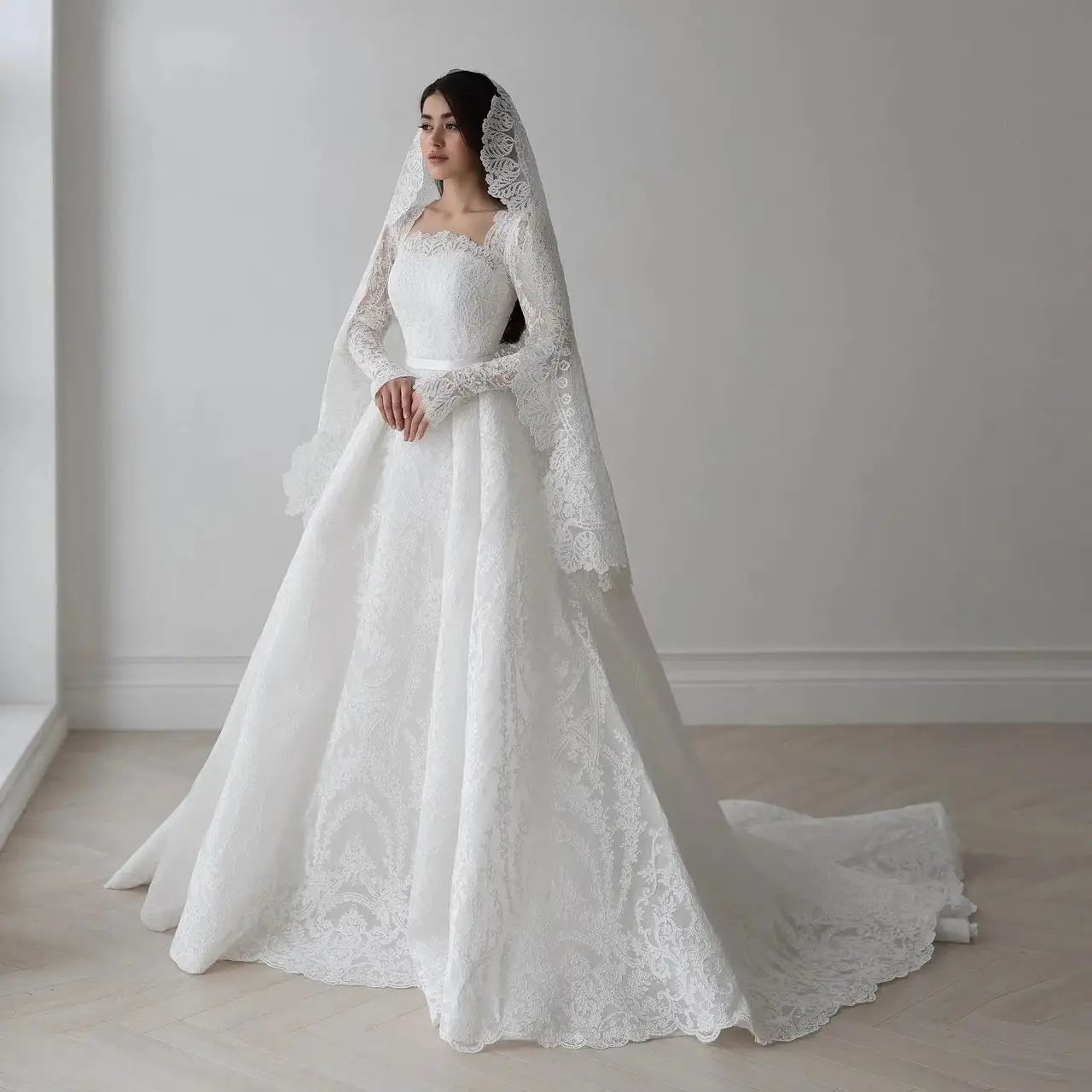 Lace Long Sleeve Square Neck with Veil — SW533 Ivory wedding dress, full-length front view