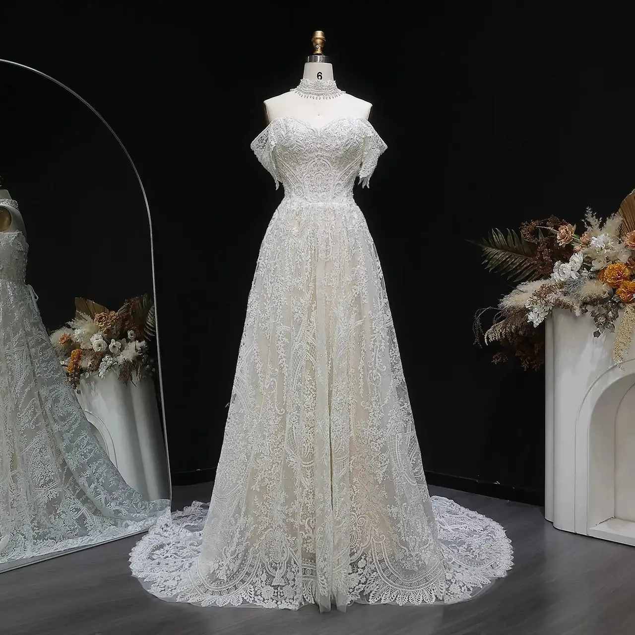 Lace Pearl Embroidery Ball Gown — SW652 Ivory wedding dress, full-length front view