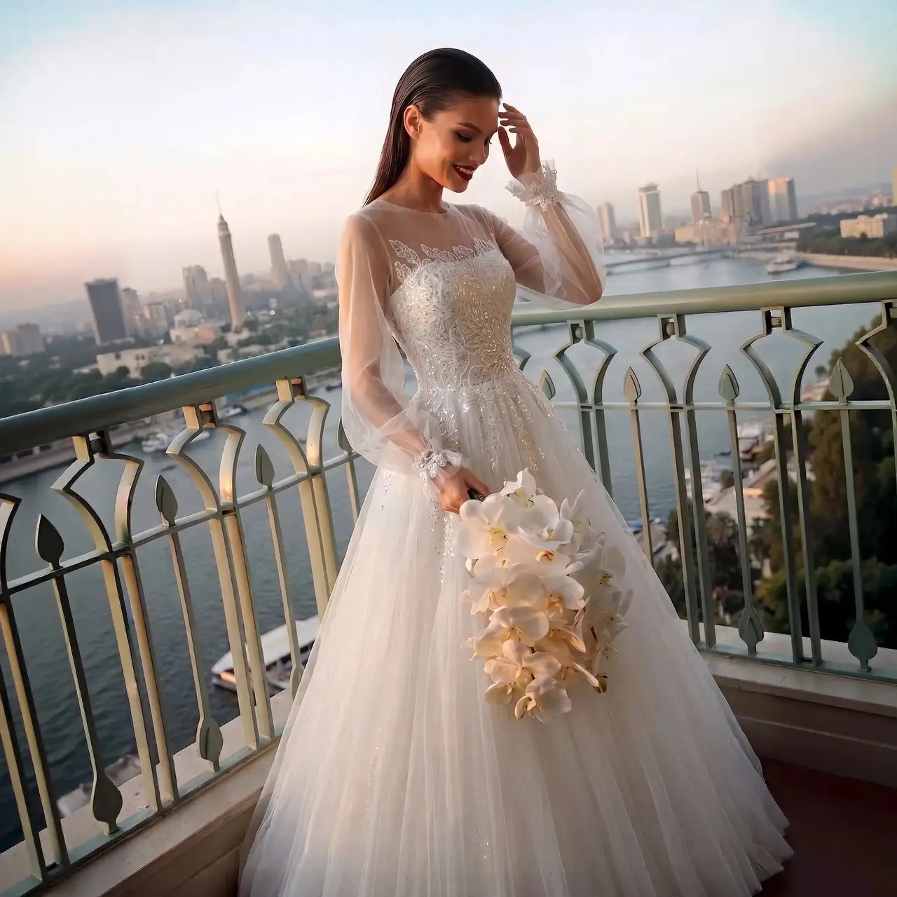 Long Sheer Sleeve A-Line Tulle with Lace Appliqués — SW713 Ivory wedding dress, full-length front view
