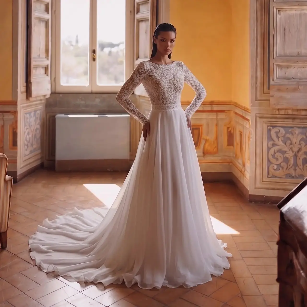 Long Sleeve Lace with Removable Chiffon Overlay — SW714 Ivory wedding dress, full-length front view