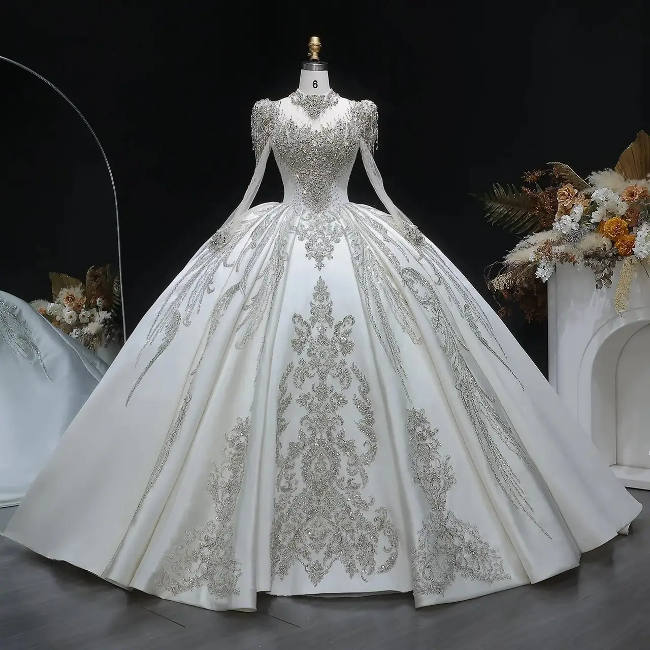 Long Sleeve with Crystal Embroidered Details — SW602 Ivory wedding dress, full-length front view