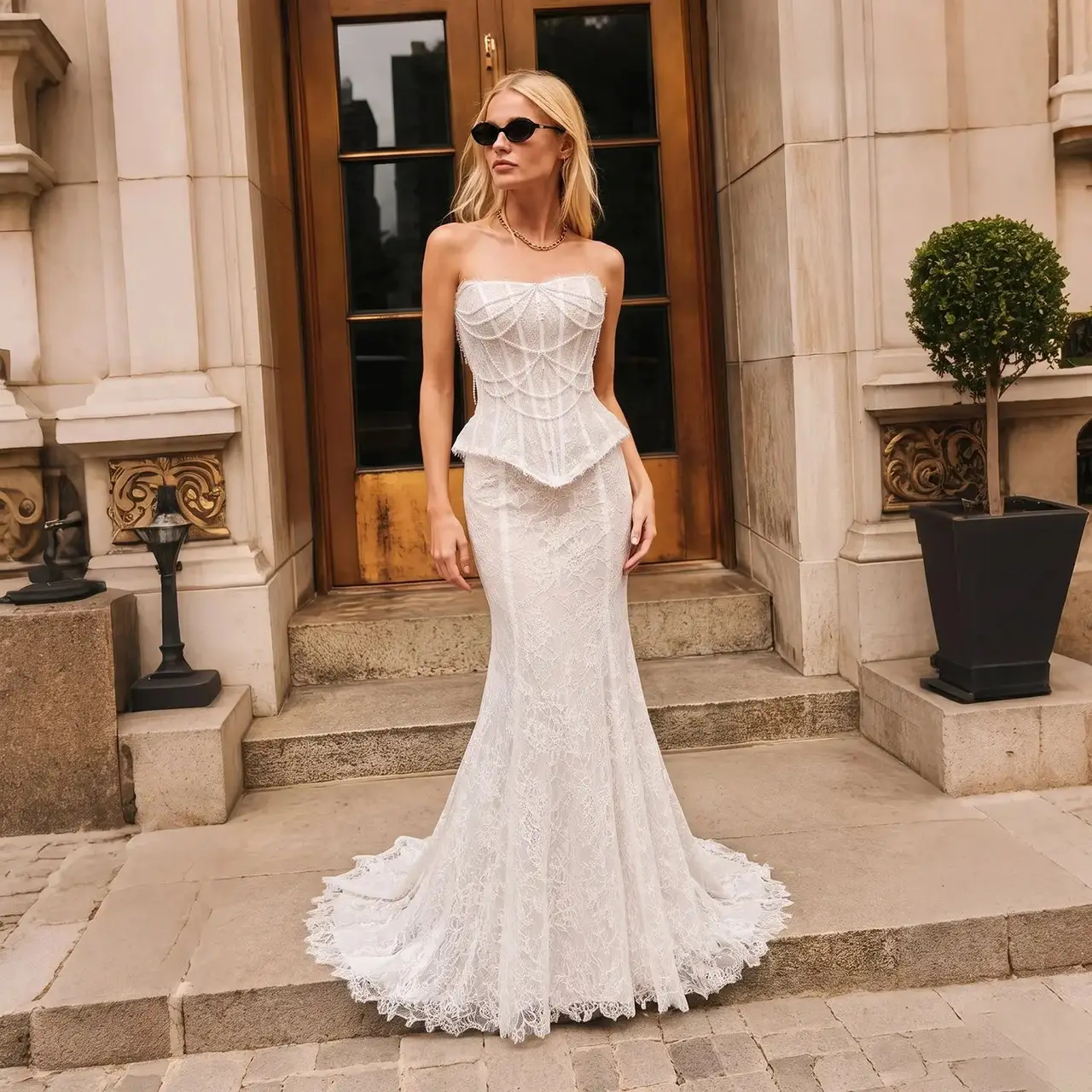 Nude Mermaid Beaded Chain Detailing With Lace Train — SW626 Ivory Blush wedding dress, full-length front view