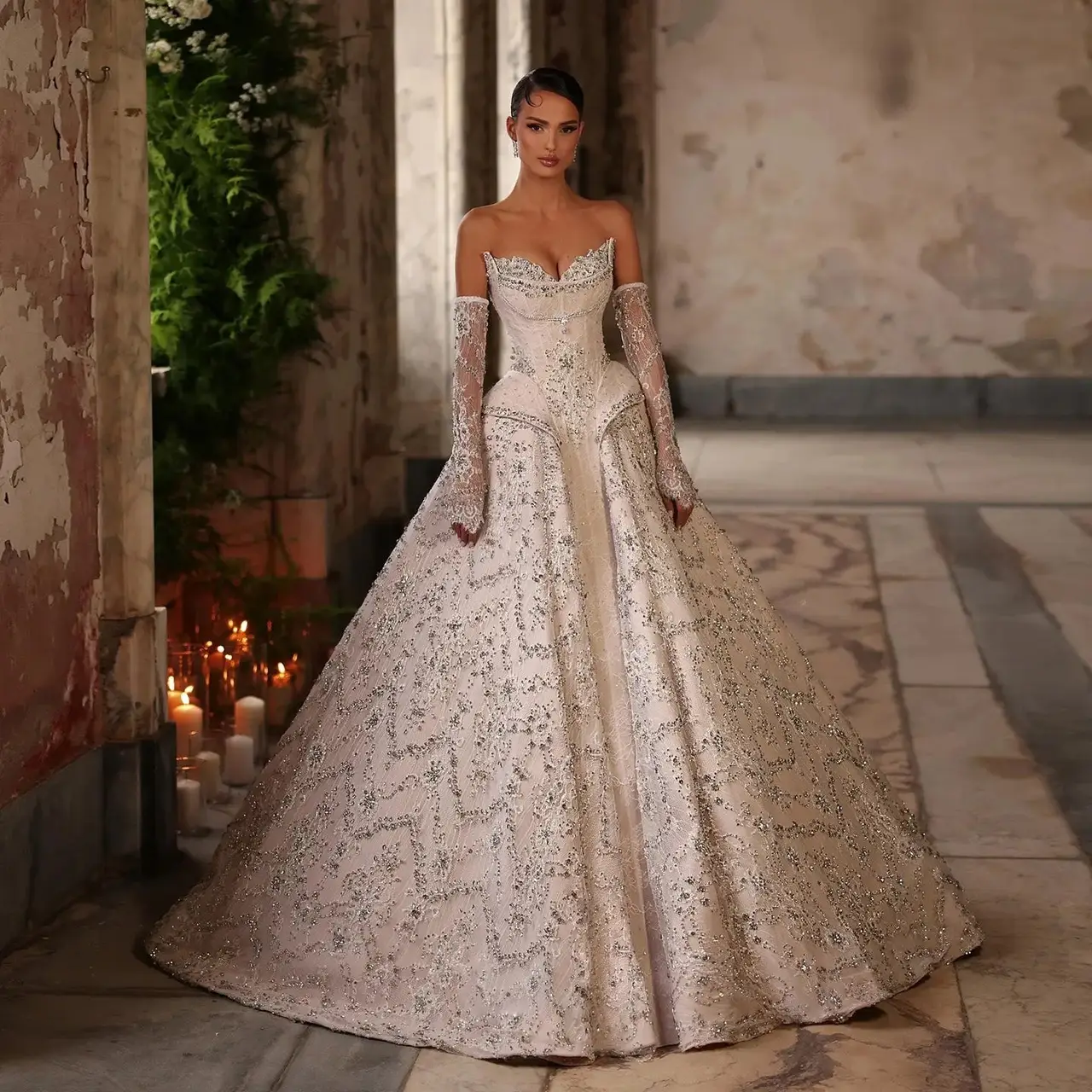 Off Shoulder Beaded Ball Gown — SW019 Ivory wedding dress, full-length front view