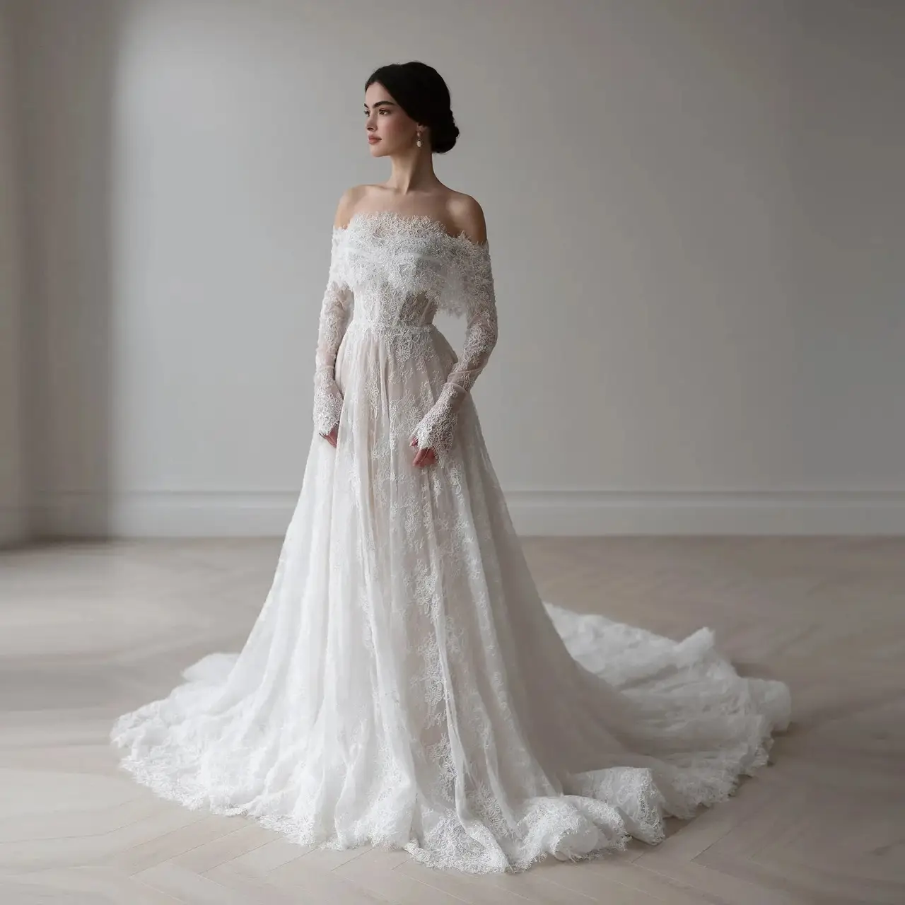 Off Shoulder with Long Sleeves — SW542 Ivory wedding dress, full-length front view