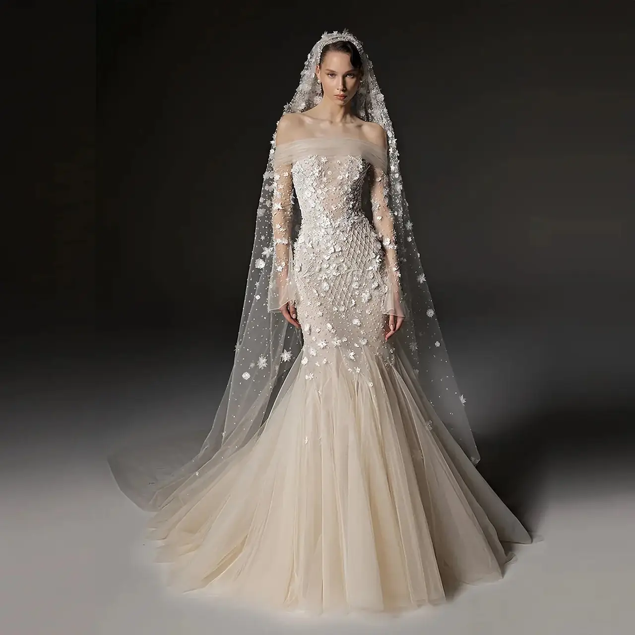 Off-the-Shoulder Beaded Floral Mermaid with Veil — SW670 Champagne wedding dress, full-length front view