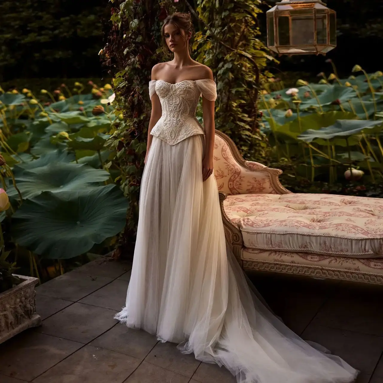 Off-the-Shoulder Lace Corset Tulle Train — SW126 Ivory wedding dress, full-length front view