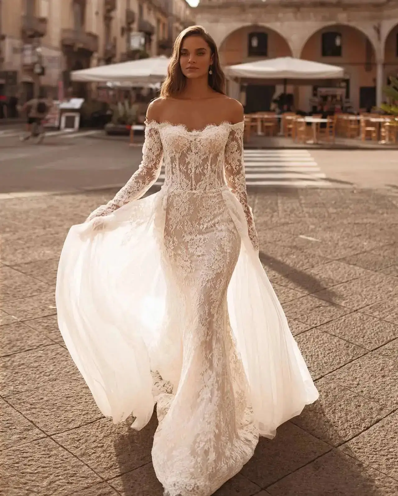 Off-the-Shoulder Lace Mermaid with Tulle Overlay — SW172 Ivory wedding dress, full-length front view