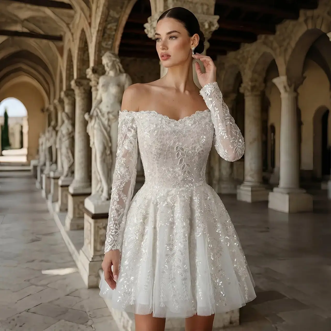 Off-the-Shoulder Lace Short — SW723 Ivory wedding dress, full-length front view