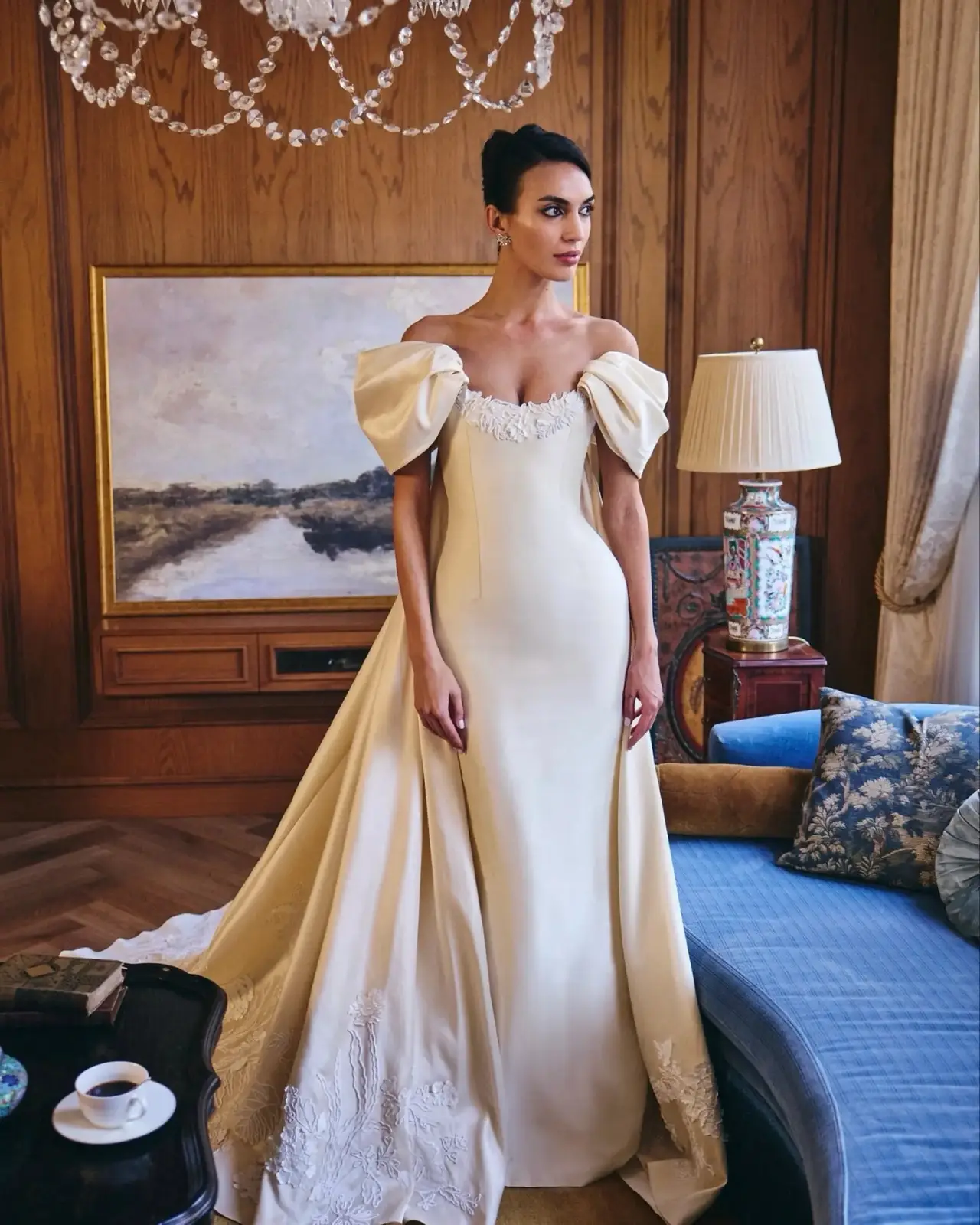 Off-the-Shoulder Satin with Puff Sleeves — SW230 Ivory wedding dress, full-length front view