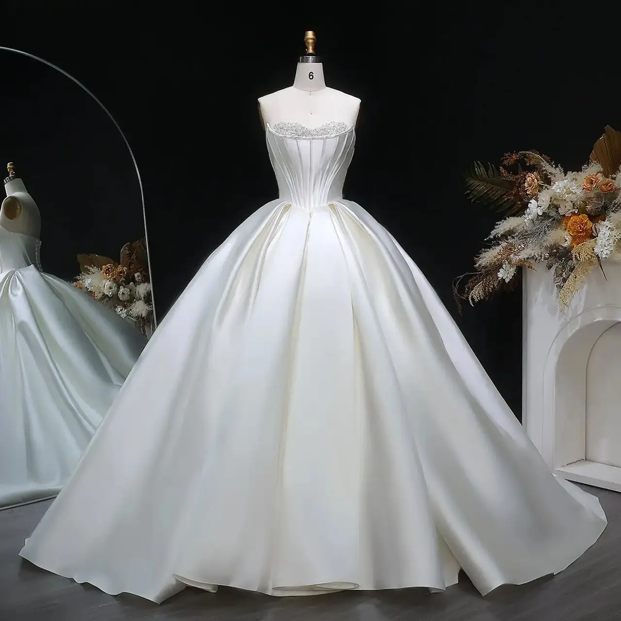Pearl Strapless Ball Gown — SW586 Ivory wedding dress, full-length front view
