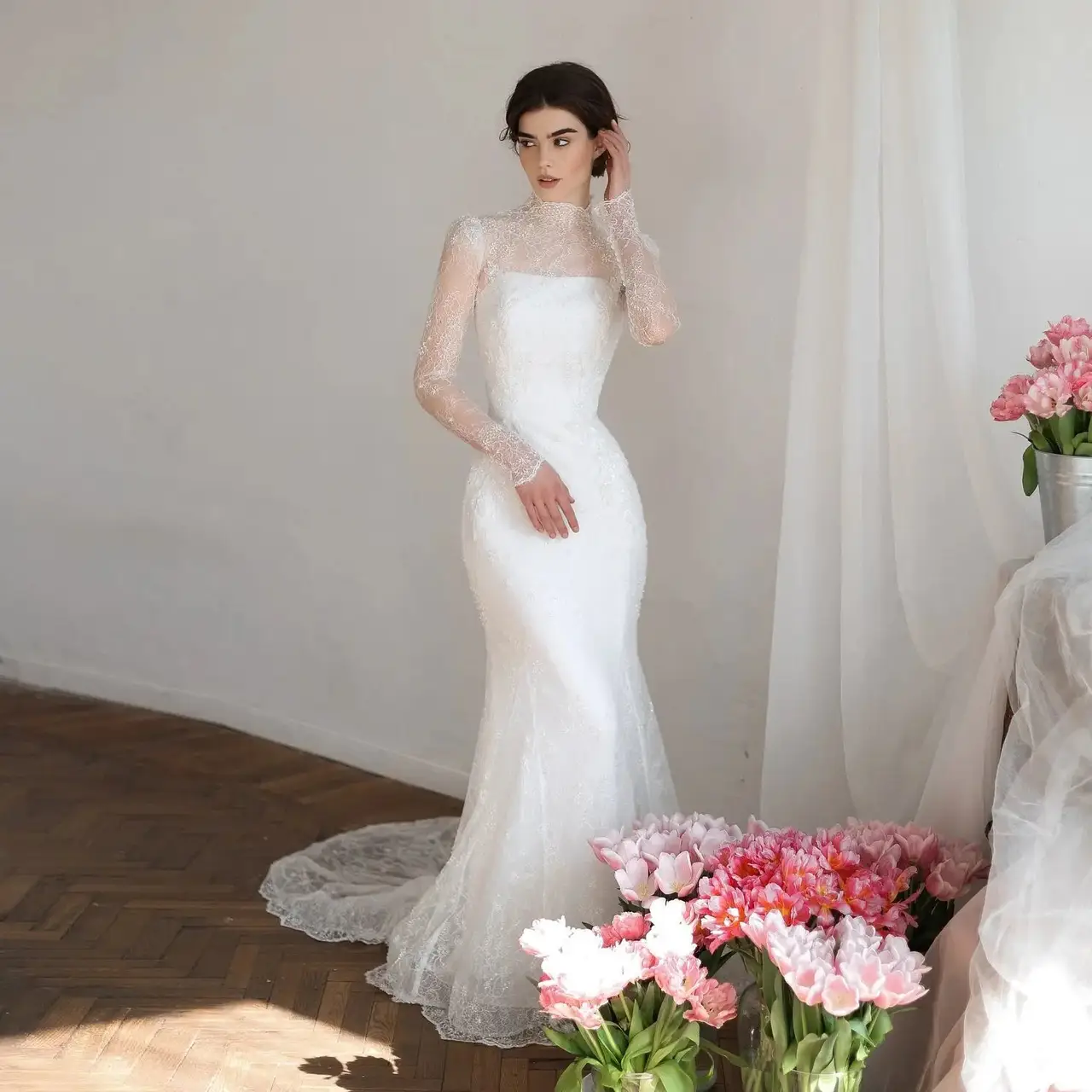 Printed Crystal Sheer Lace Mermaid — SW539 Ivory wedding dress, full-length front view