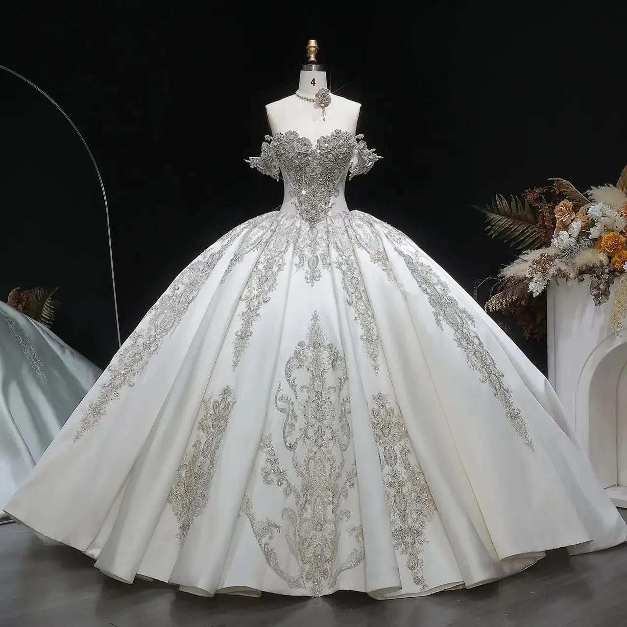 Satin Ball Gown with Silver Embroidery — SW606 Ivory wedding dress, full-length front view