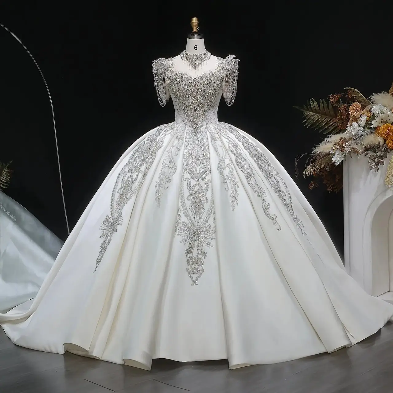 Satin Ball Gown with Silver Floral Embroidery — SW605 Ivory wedding dress, full-length front view