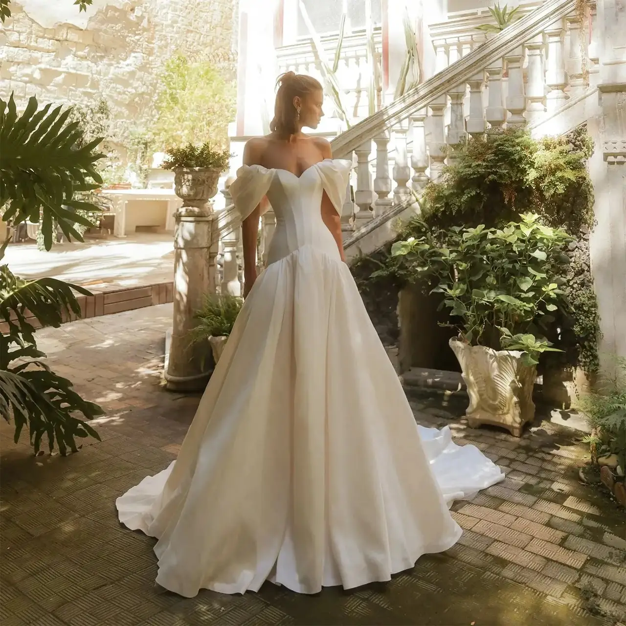 Satin Off-the-Shoulder Puff Sleeve Ball Gown — SW192 Ivory wedding dress, full-length front view