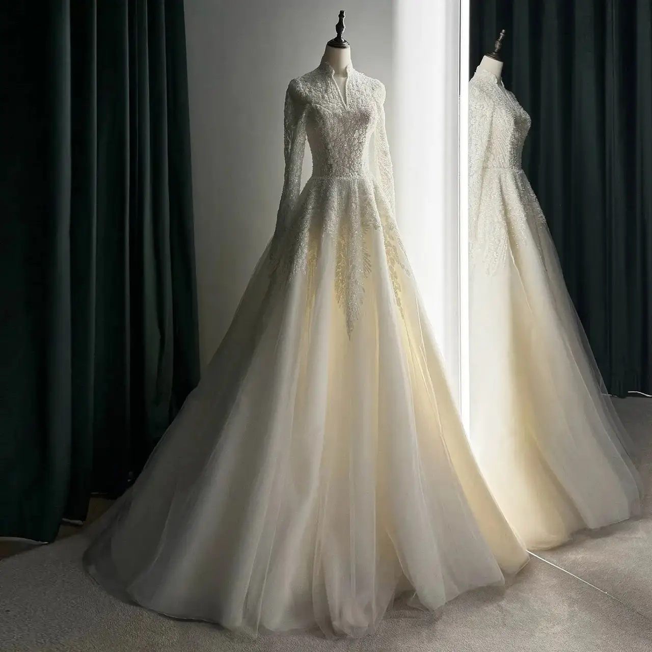 Sequin Pearl Long Sleeve Ball Gown — SW518 Ivory wedding dress, full-length front view