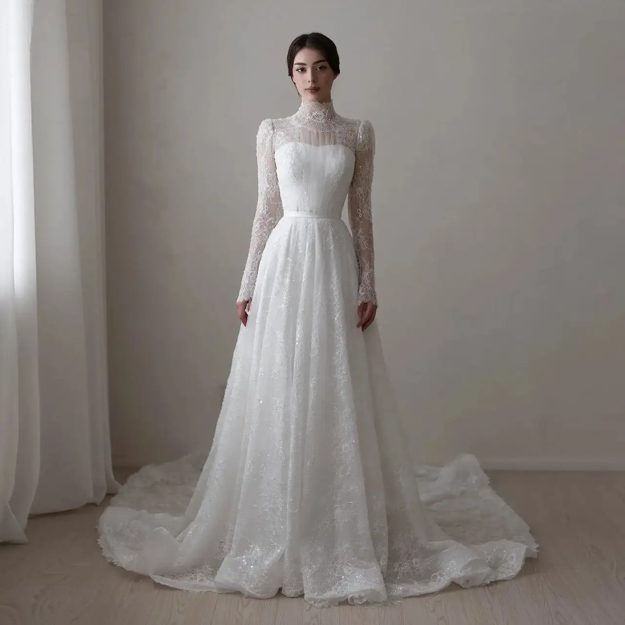 Sequin Printed Long Sleeve — SW536 Ivory wedding dress, full-length front view