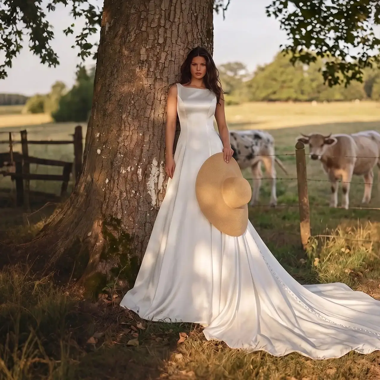 Sleeveless Satin with Low Back — SW719 Ivory wedding dress, full-length front view