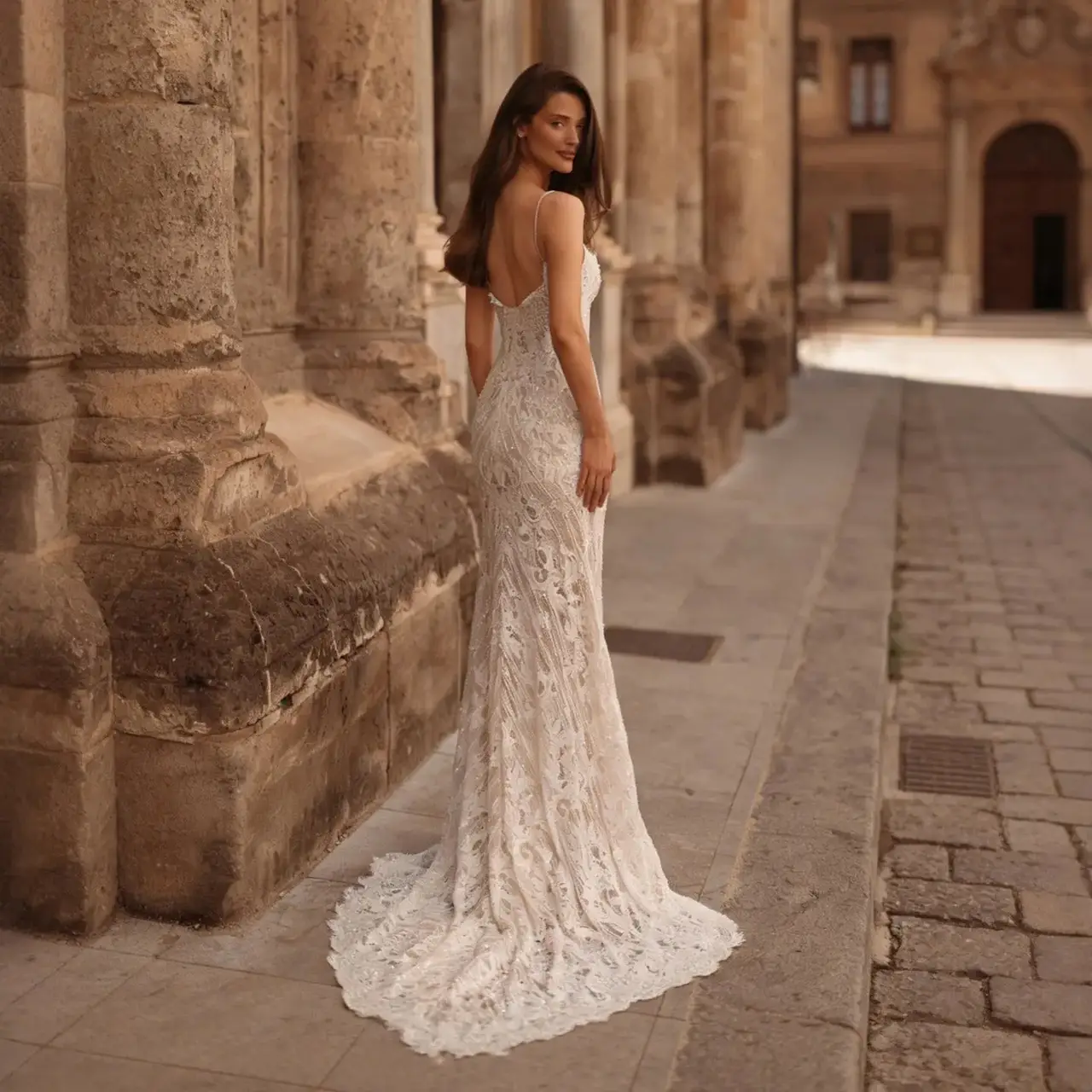 Sophisticated High Cold Shoulder Beaded Lace Fitted — SW175 Ivory wedding dress, full-length front view