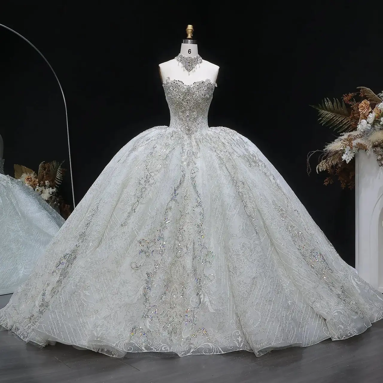 Sparkly Ball Gown with Full-Sequin Embroidery — SW604 Ivory wedding dress, full-length front view